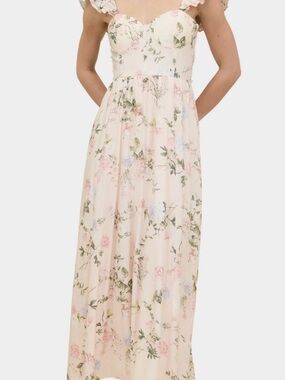 Romantic Blush Pink Floral Maxi Dress with Bustier/Corset Style Details